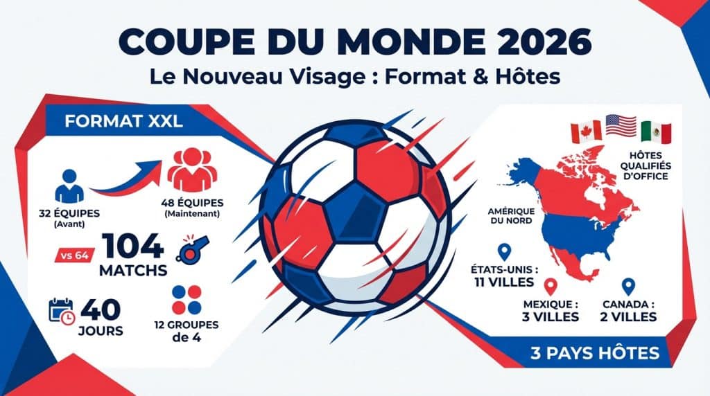 Infographie détaillant le nouveau format (48 équipes, 104 matchs) et les 3 pays hôtes (Canada, USA, Mexique) de la Coupe du Monde 2026.