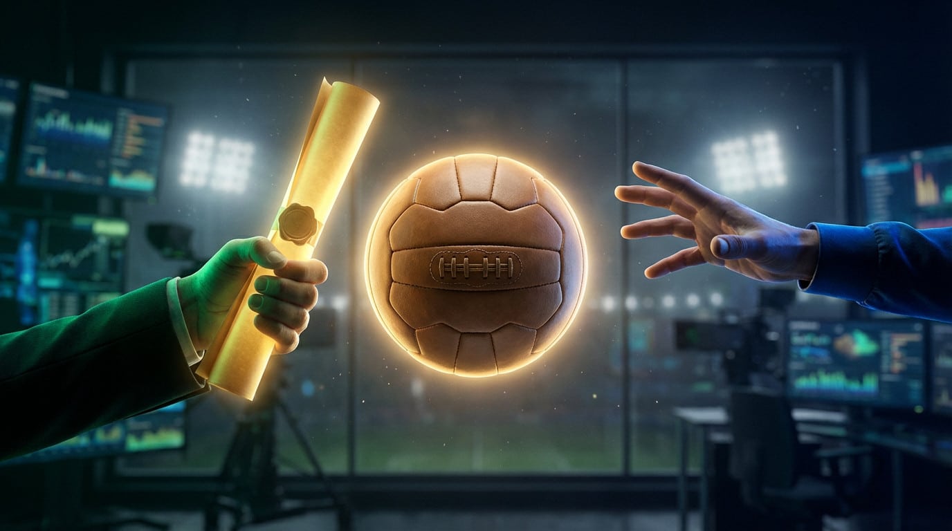 Une main en costume tient un parchemin doré. Au centre, un ballon de football lumineux. Une autre main tendue vers lui. Contexte : salle de contrôle, stade.