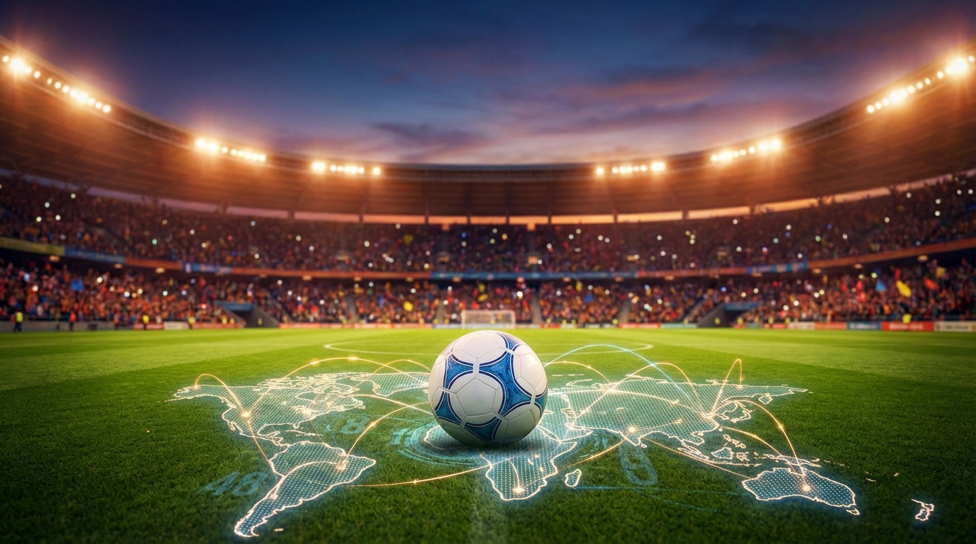 Ballon de football sur un terrain de stade illuminé, avec une carte du monde lumineuse et des connexions globales, le chiffre 48.