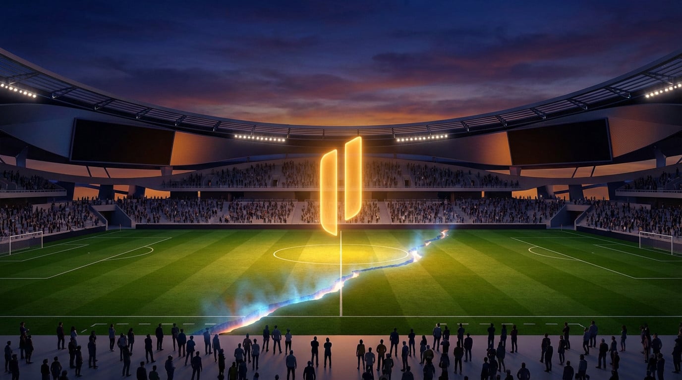 Grand stadium at twilight with a glowing rift on the pitch and a hovering pause symbol. Observers stand thoughtfully, reflecting tension.