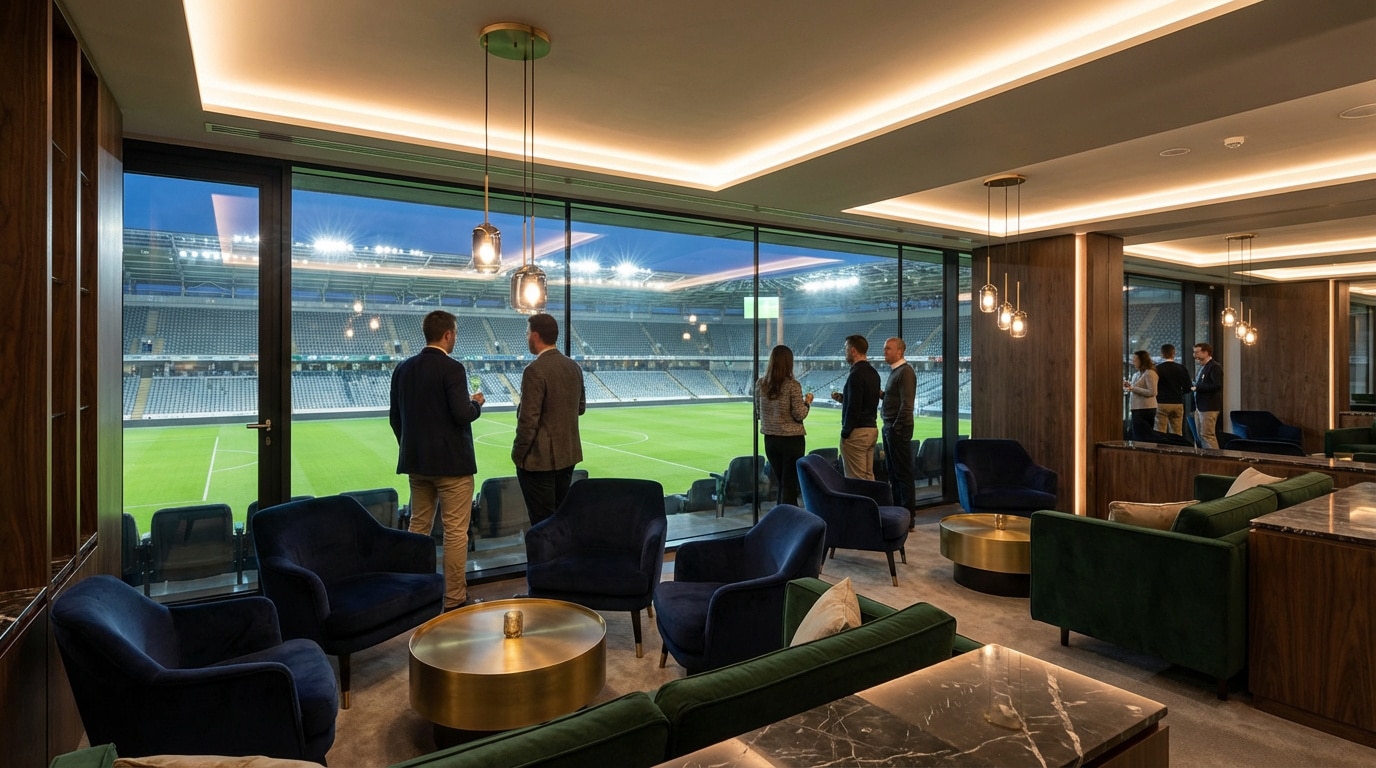 Des personnes dans un salon VIP luxueux avec fauteuils en velours, observant le terrain d'un stade de football illuminé.