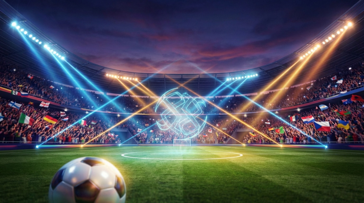 Grand stade de football rempli de fans agitant des drapeaux. Un hologramme de ballon brille au centre, et un ballon est au premier plan sur la pelouse.