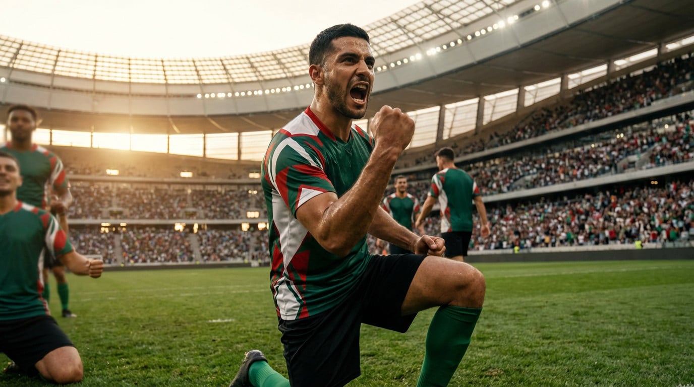 A triumphant male soccer player, fist clenched and roaring, celebrates on a green pitch in a stadium at golden hour.