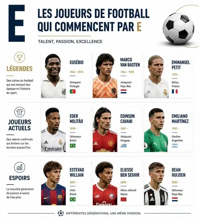 Infographie des meilleurs joueurs de football commençant par la lettre E pour le Petit Bac