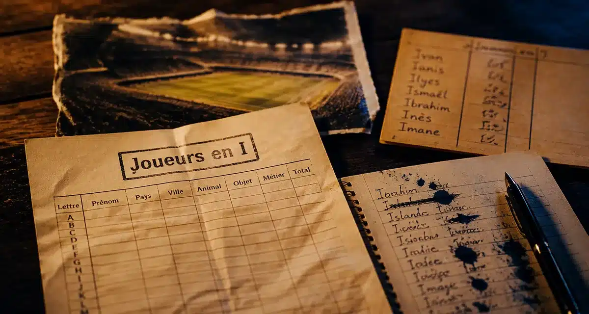 Joueur de foot en i au Petit Bac, feuille avec noms