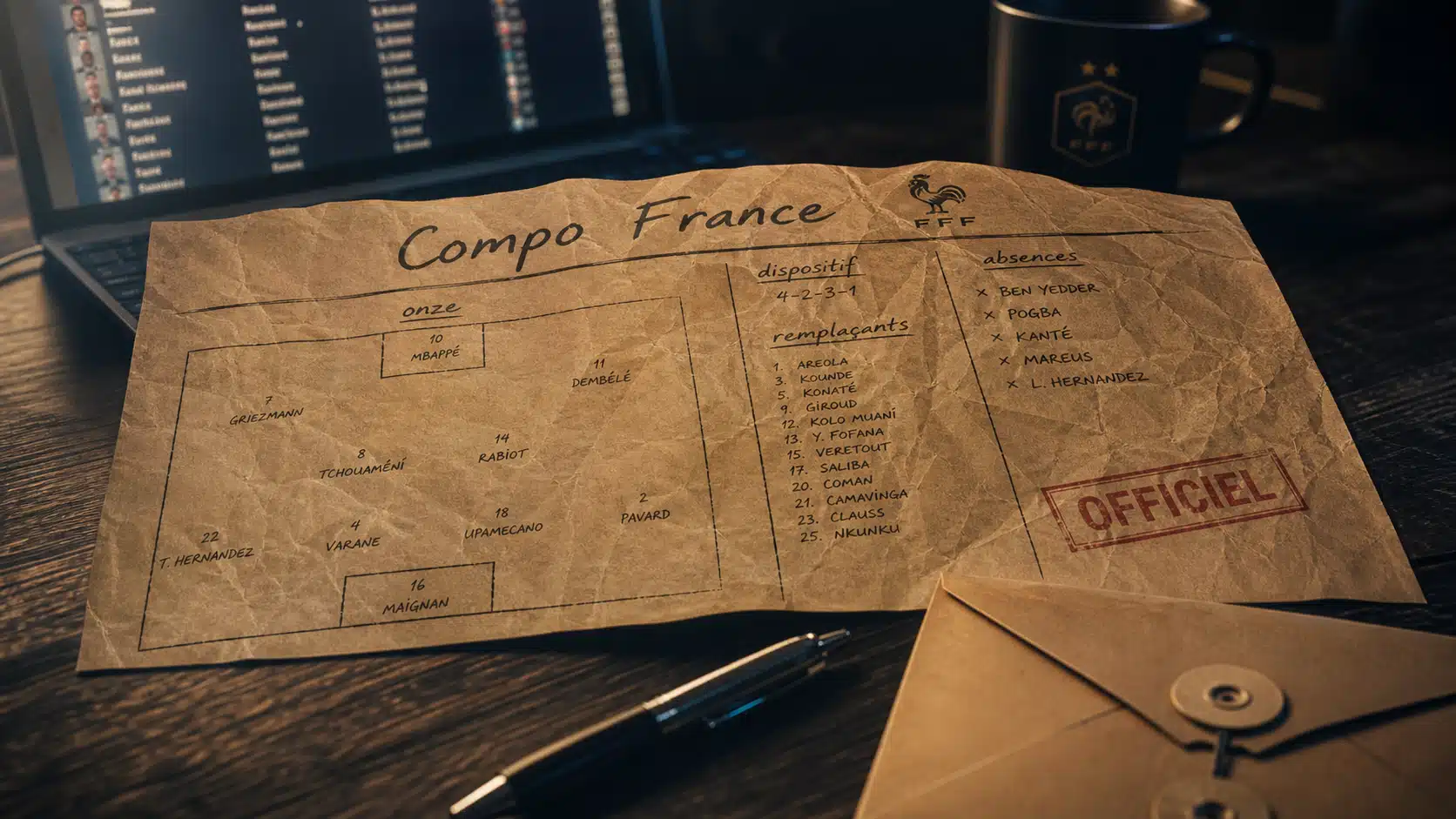 Compo France officielle ou probable, tableau des Bleus avec grille et tampon