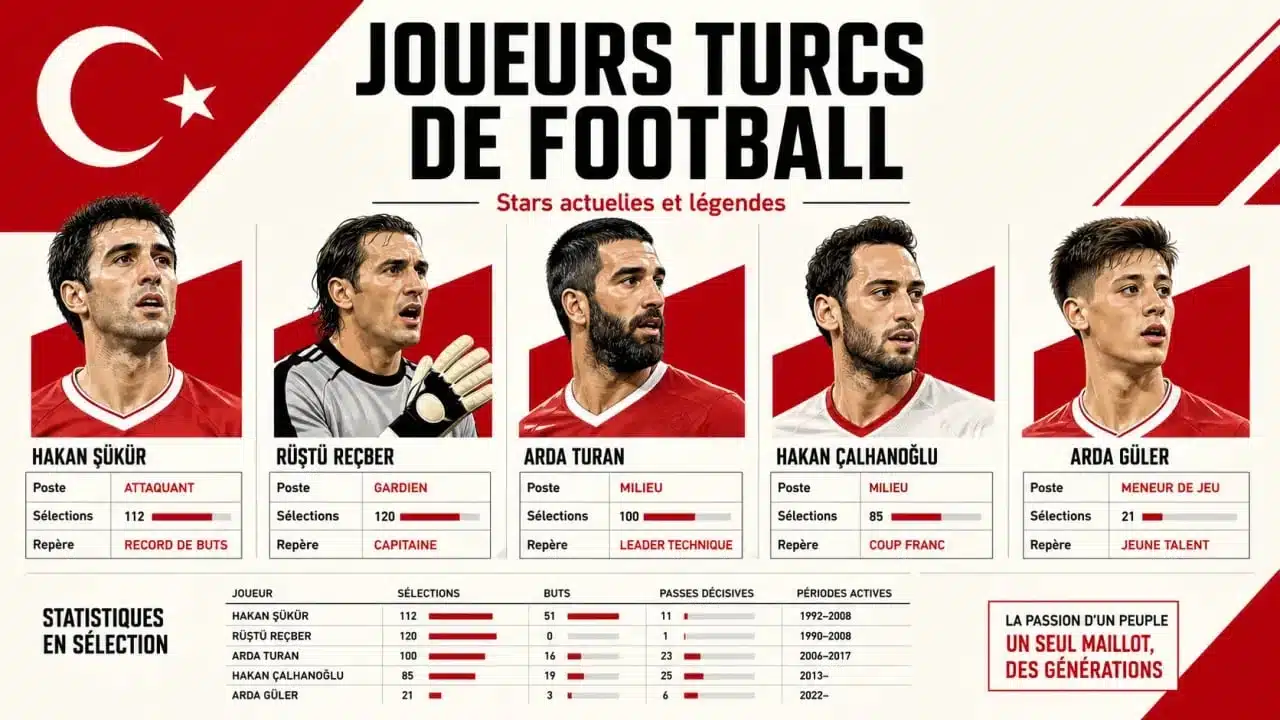 Joueurs turcs de football illustrés dans une composition éditoriale avec statistiques et profils