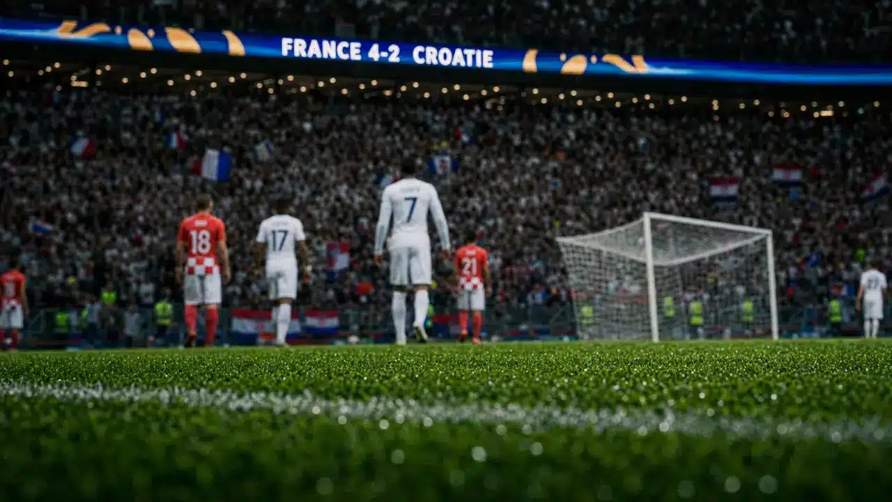 France Croatie 4-2 final cdm 2018 au Stade Loujniki, joueurs et drapeaux