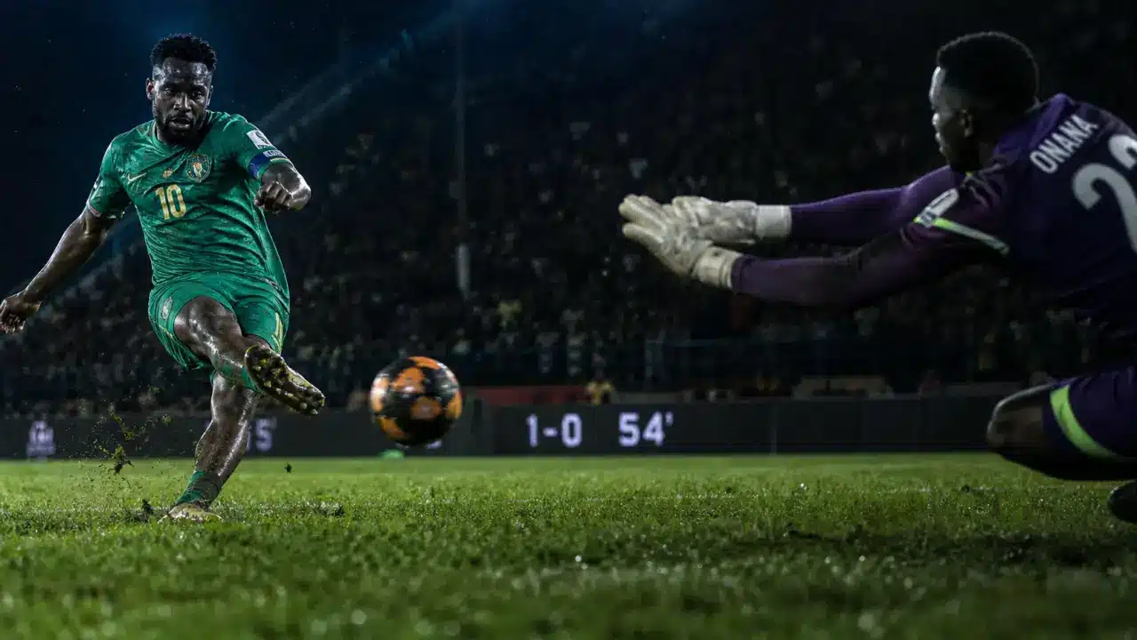 Cap vert Cameroun 1-0 54e minute : ballon et gardien dans un stade africain