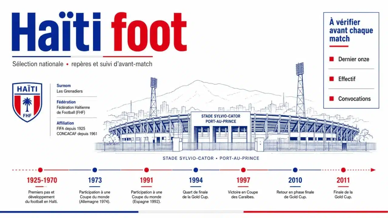 Haïti foot : infographie éditoriale sur la sélection haïtienne, le Stade Sylvio-Cator et les repères historiques