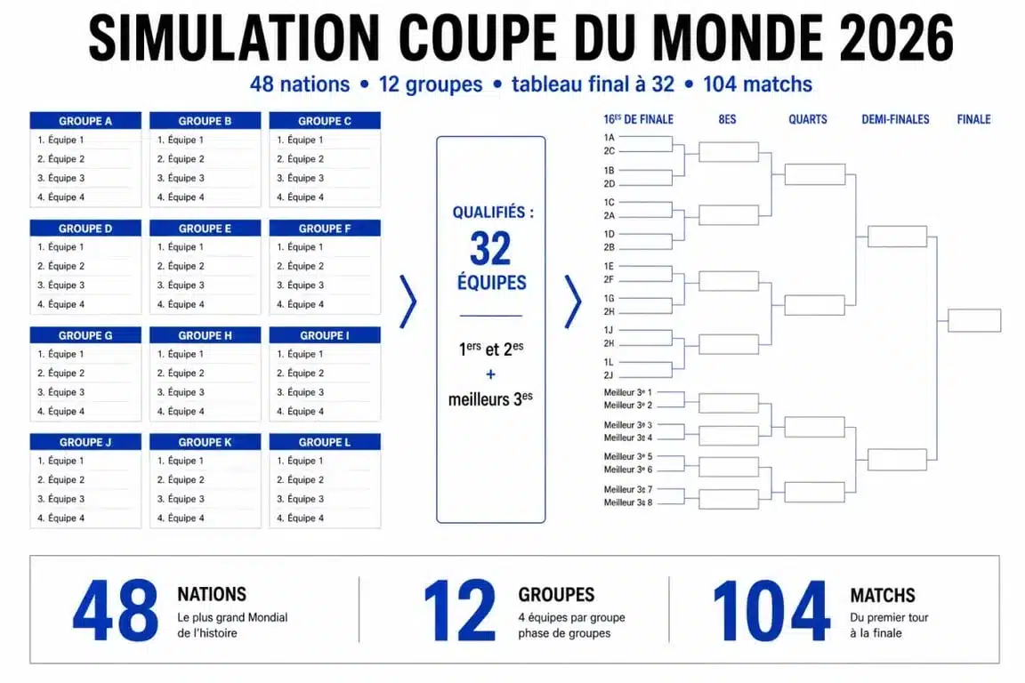 Simulation coupe du monde 2026 : schéma du format avec 48 nations, 12 groupes et tableau final