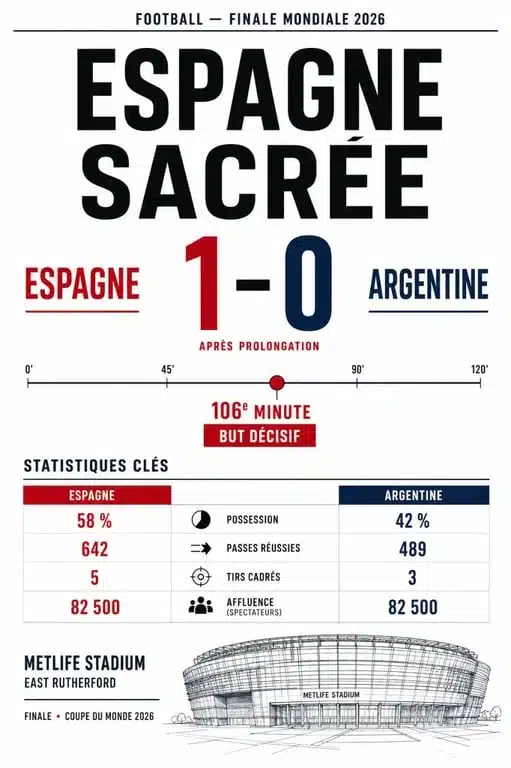Finale coupe du monde de football 2026 : Espagne contre Argentine, victoire 1-0 après prolongation au MetLife Stadium