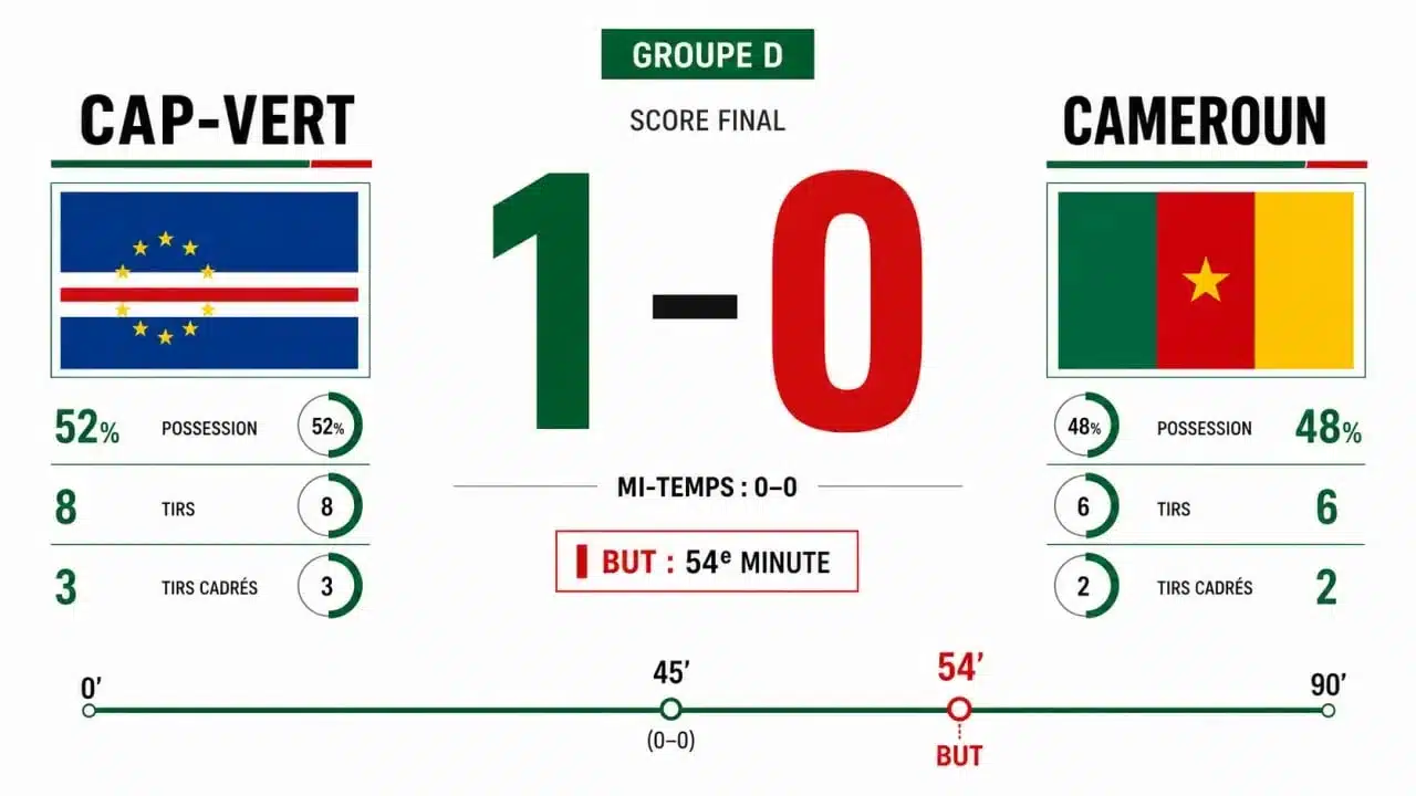 Cap vert cameroun : score final 1-0 avec but à la 54e minute