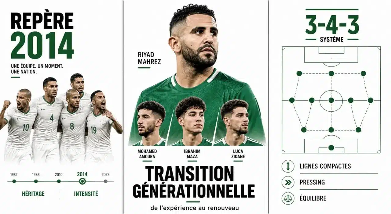 Algérie coupe du monde : visuel éditorial sur le retour des Fennecs, Riyad Mahrez, la transition générationnelle et le 3-4-3