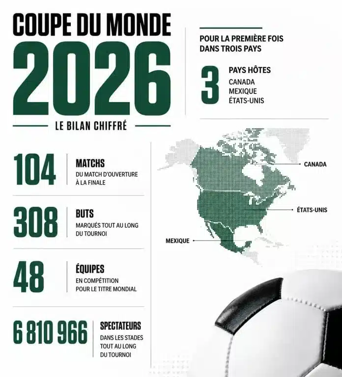 Infographie des chiffres clés de la cdm foot 2026 : matchs, buts et spectateurs