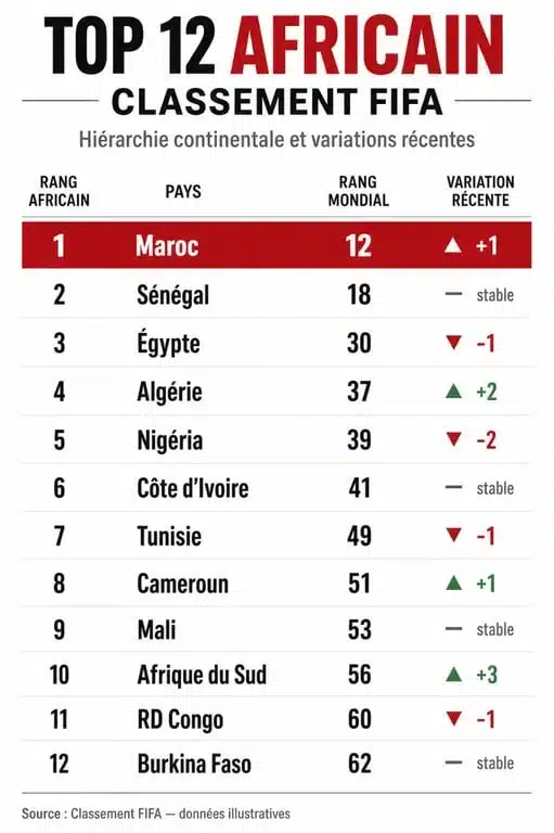 Classement FIFA Afrique du top 12 avec rangs mondiaux et variations récentes