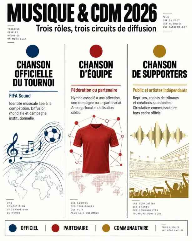 Infographie sur la musique CDM 2026 distinguant chanson officielle, hymne d’équipe et chant de supporters