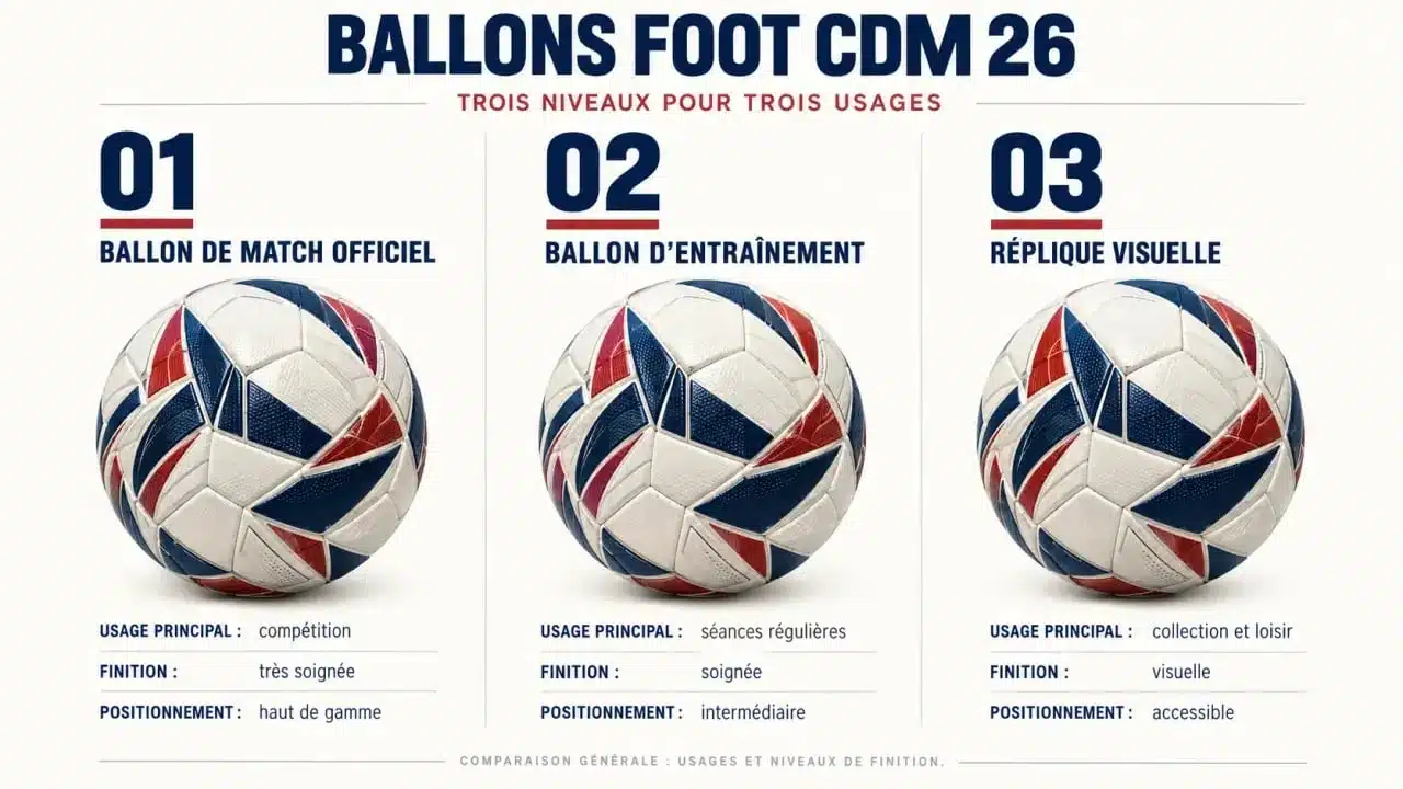 Comparatif visuel des types de ballon foot CDM 26 officiel, entraînement et réplique