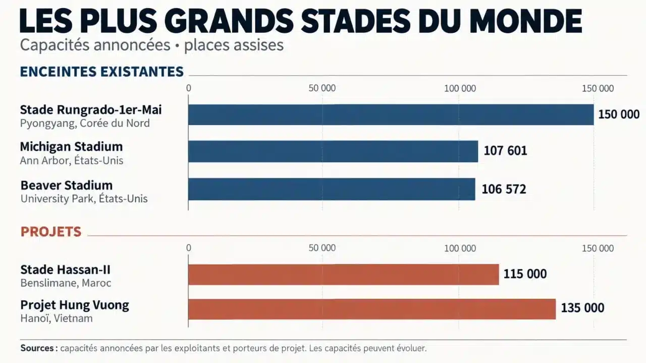 Infographie comparative sur le stade le plus grand du monde et les capacités des principales enceintes