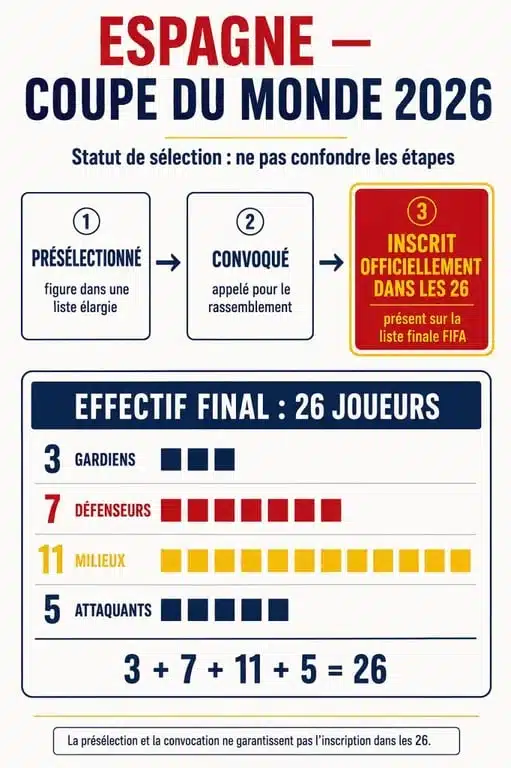Infographie de la liste Espagne Coupe du monde 2026 et de la répartition des 26 joueurs par postes