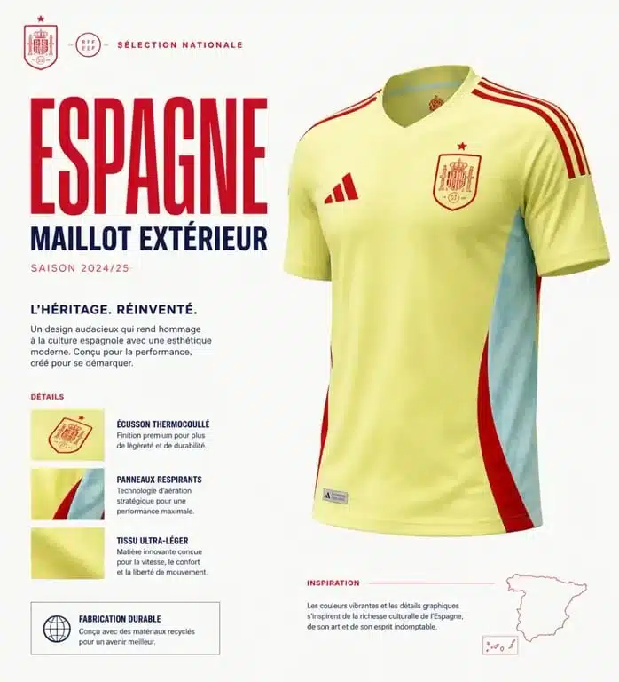 Maillot Espagne extérieur Coupe du Monde design moderne